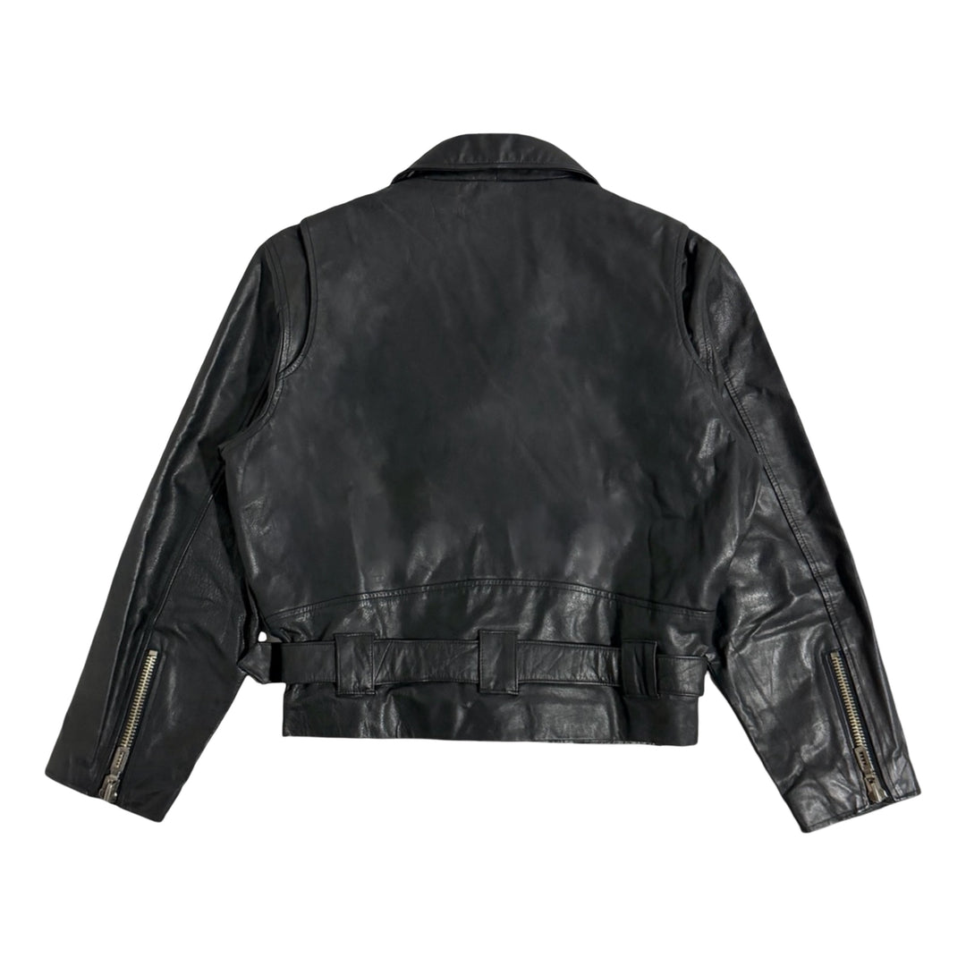 1990’S VIRGINIA SLIMS “V WEAR” CROPPED BLACK LEATHER ASYMMETRICAL MOTORCYCLE BIKER JACKET WOMEN’S LARGE / MEN’S MEDIUM