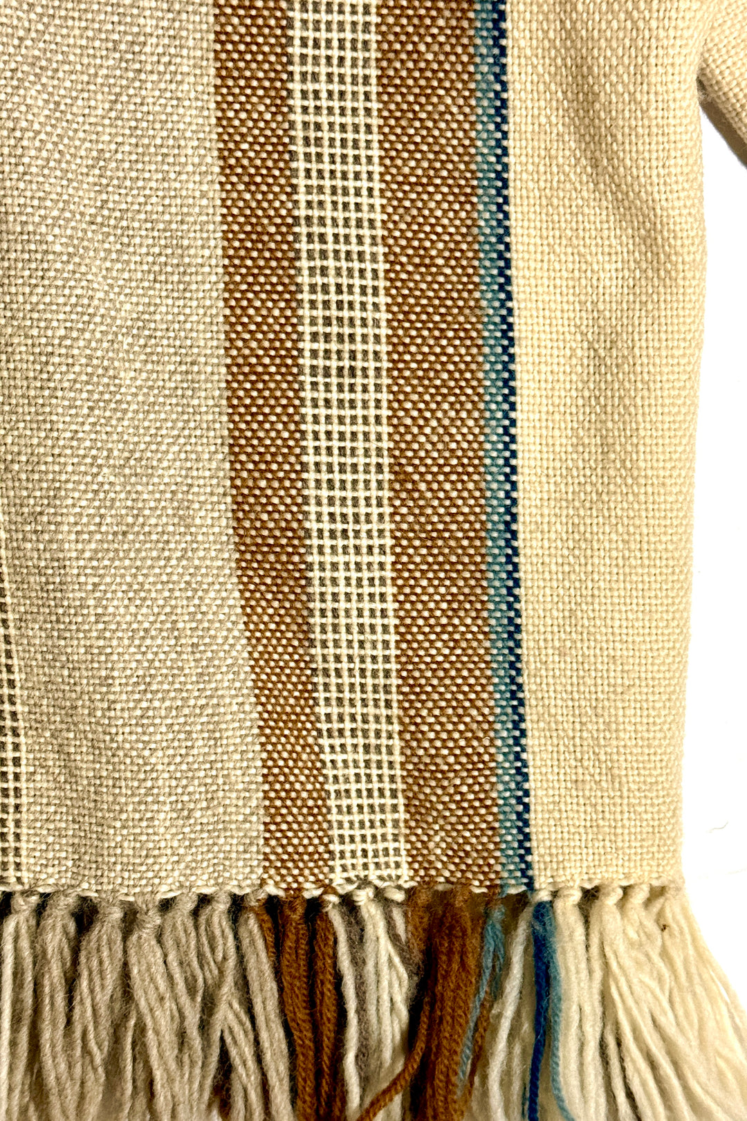 1970’S HAND MADE IN SANTA FE CROPPED ALPACA WOOL STRIPED 3/4 SLEEVE FRINGED BLANKET CARDIGAN SWEATER LARGE