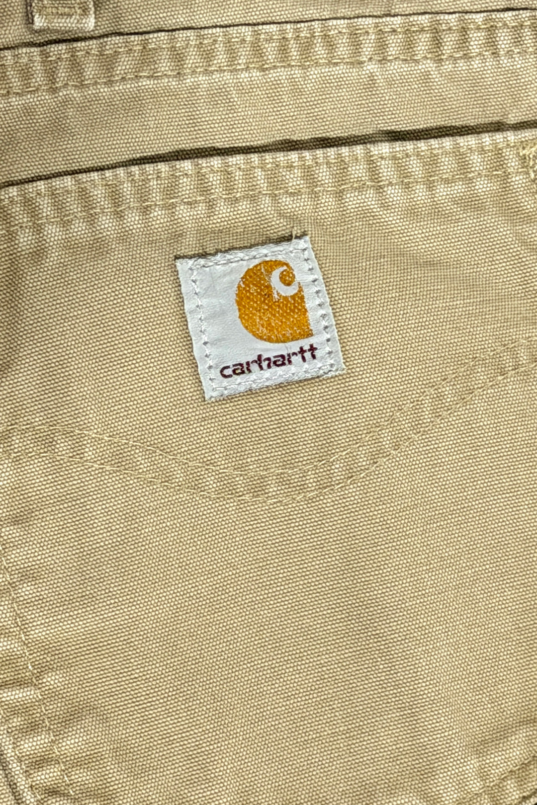 1990’S CARHARTT MADE IN USA THRASHED &amp; FADED KHAKI DUCK CANVAS CARPENTER WORKWEAR PANTS 36 X 28