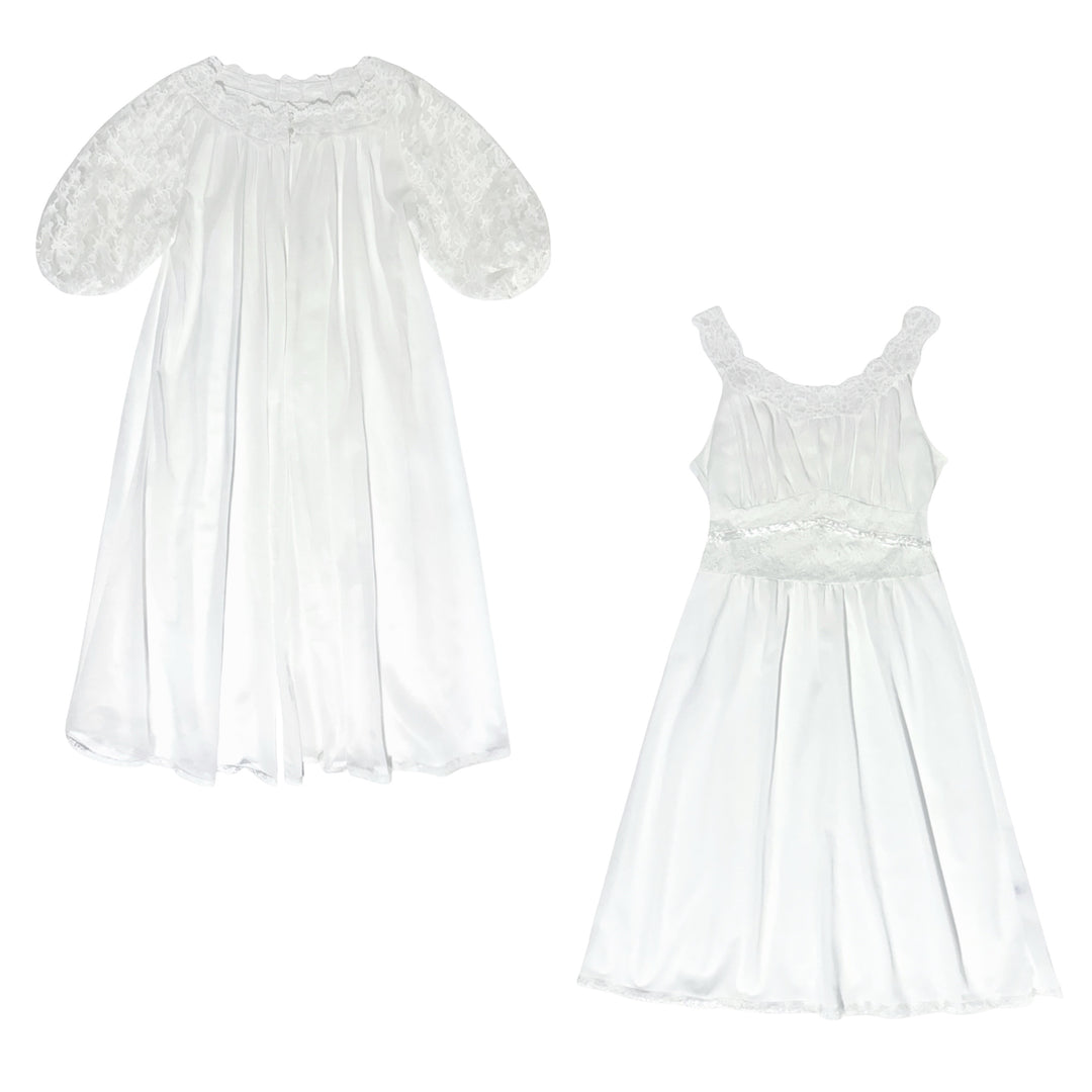 LATE 1950S/EARLY 1960s ETHEREAL MADE IN USA COQUETTE WHITE PUFF SLEEVE LACE PEIGNOIR &amp; NIGHTGOWN DRESS SET SMALL