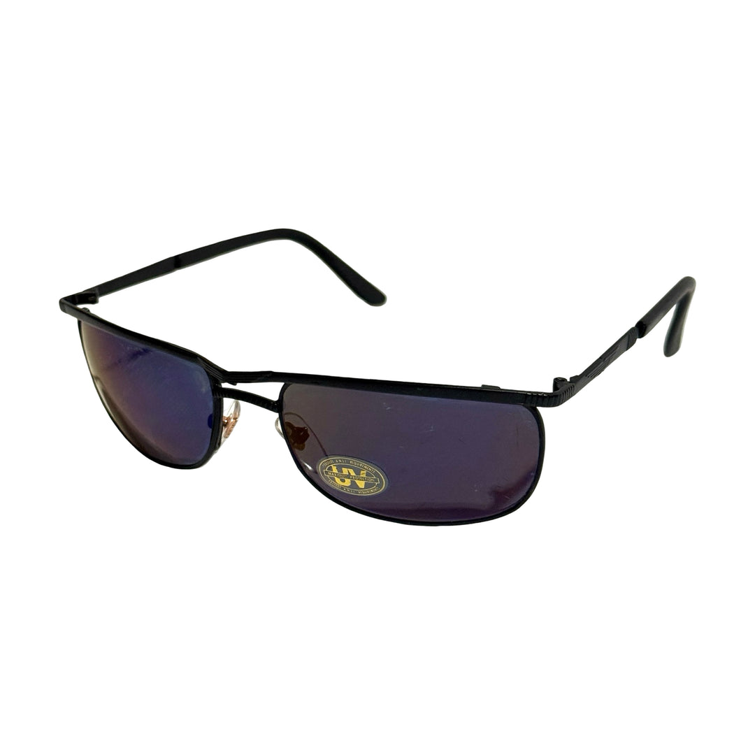 1990’S DEADSTOCK WRAPAROUND BLACK WIRE FRAME BLUE/PURPLE LENSE SUNGLASSES
