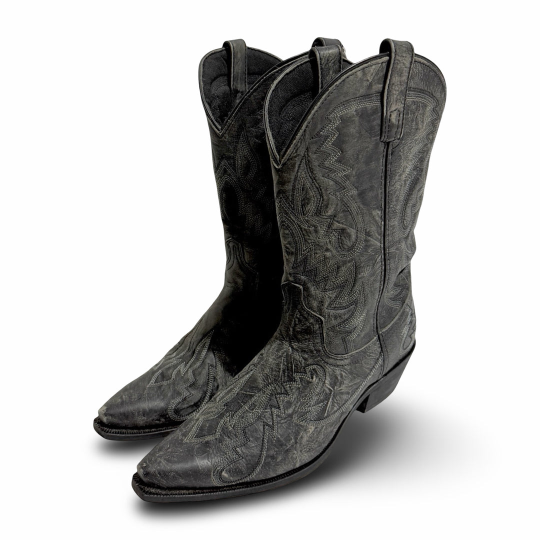 2000’S LAREDO FADED BLACK LEATHER TRIBAL EMBROIDERED SNIP TOE COWBOY BOOTS 12