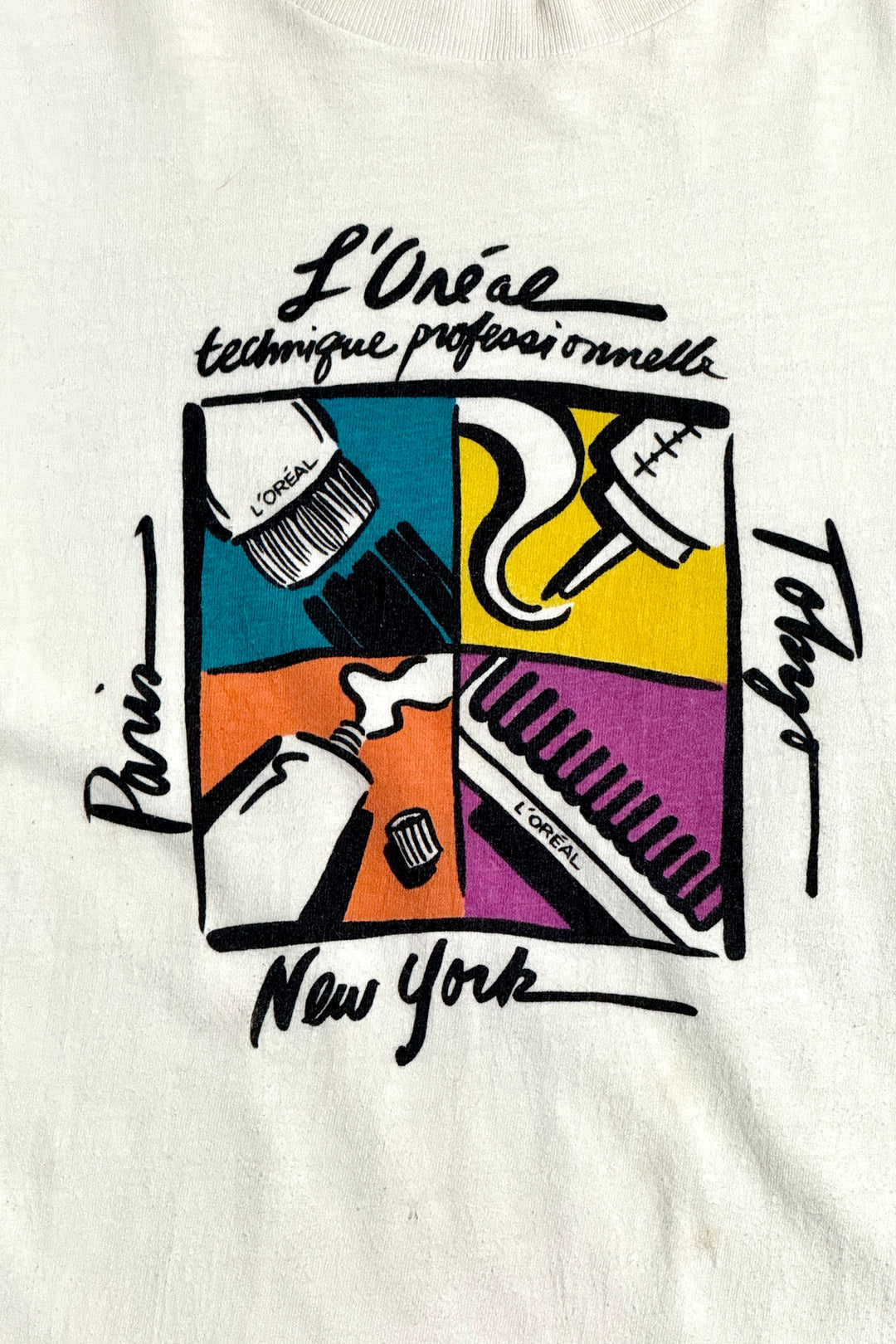 1990’S L’ORÉAL MADE IN USA THRASHED PRINTED SINGLE STITCH JERSEY S/S T-SHIRT X-LARGE