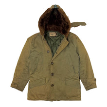 Load image into Gallery viewer, 1940’S HERCULES MADE IN USA FADED &amp; REPAIRED N-3B OLIVE DRAB SPLIT HOODED PARKA LARGE
