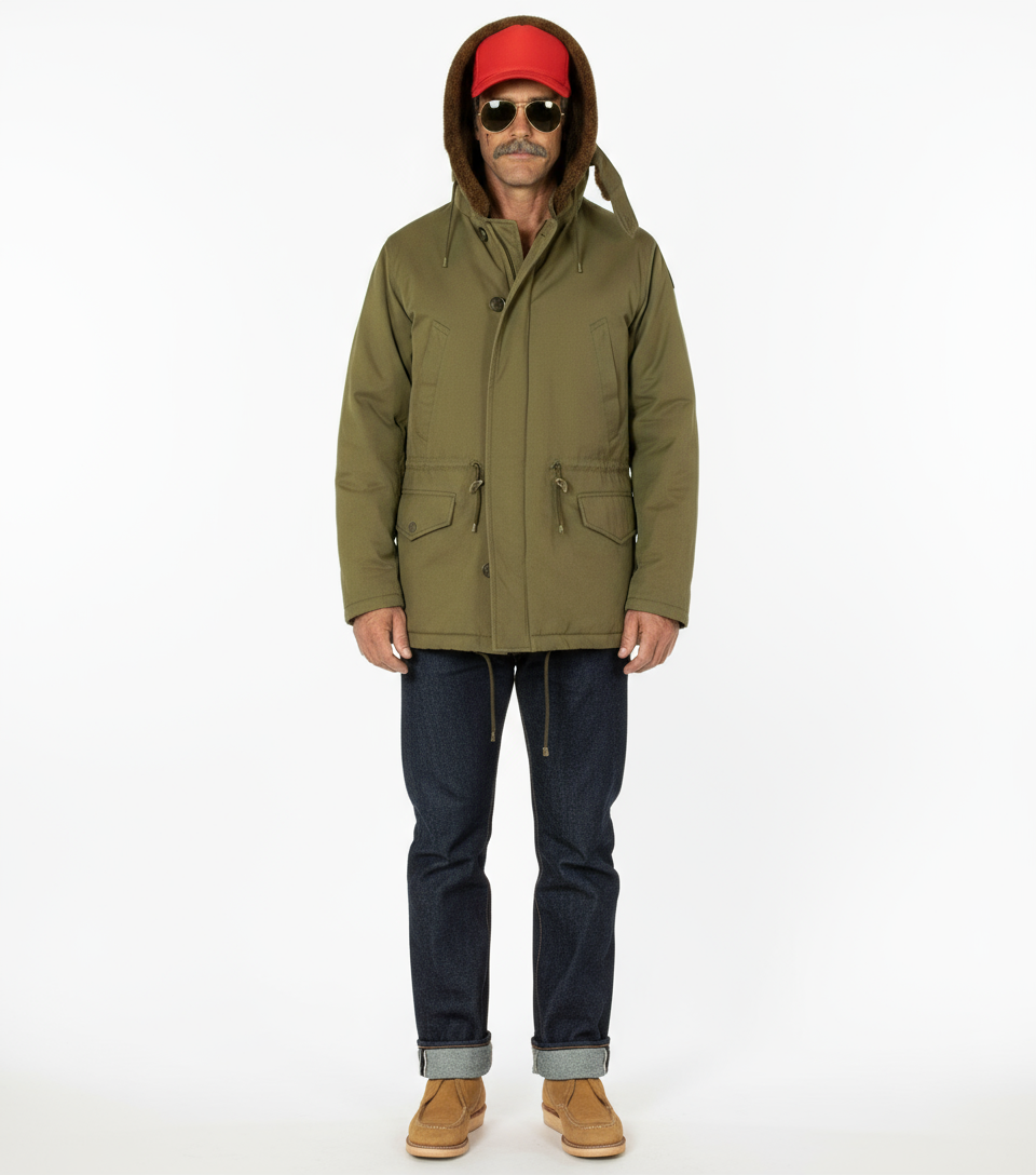 1940’S HERCULES MADE IN USA FADED & REPAIRED N-3B OLIVE DRAB SPLIT HOODED PARKA MEDIUM