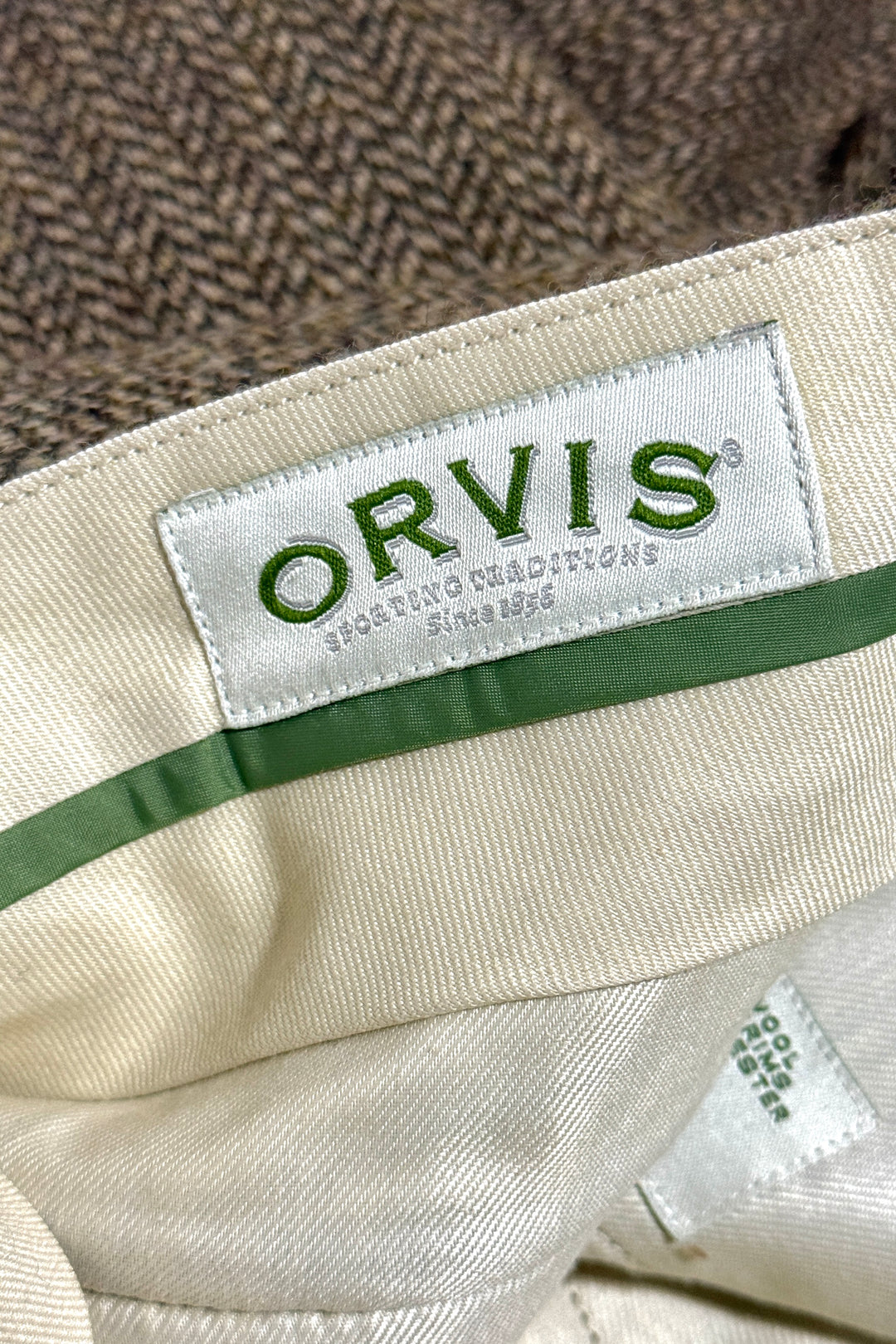 1990’S ORVIS MADE IN USA HERRINGBONE TWEED LEATHER ACCENTED FLAT FRONT TROUSER PANTS 32 X 30