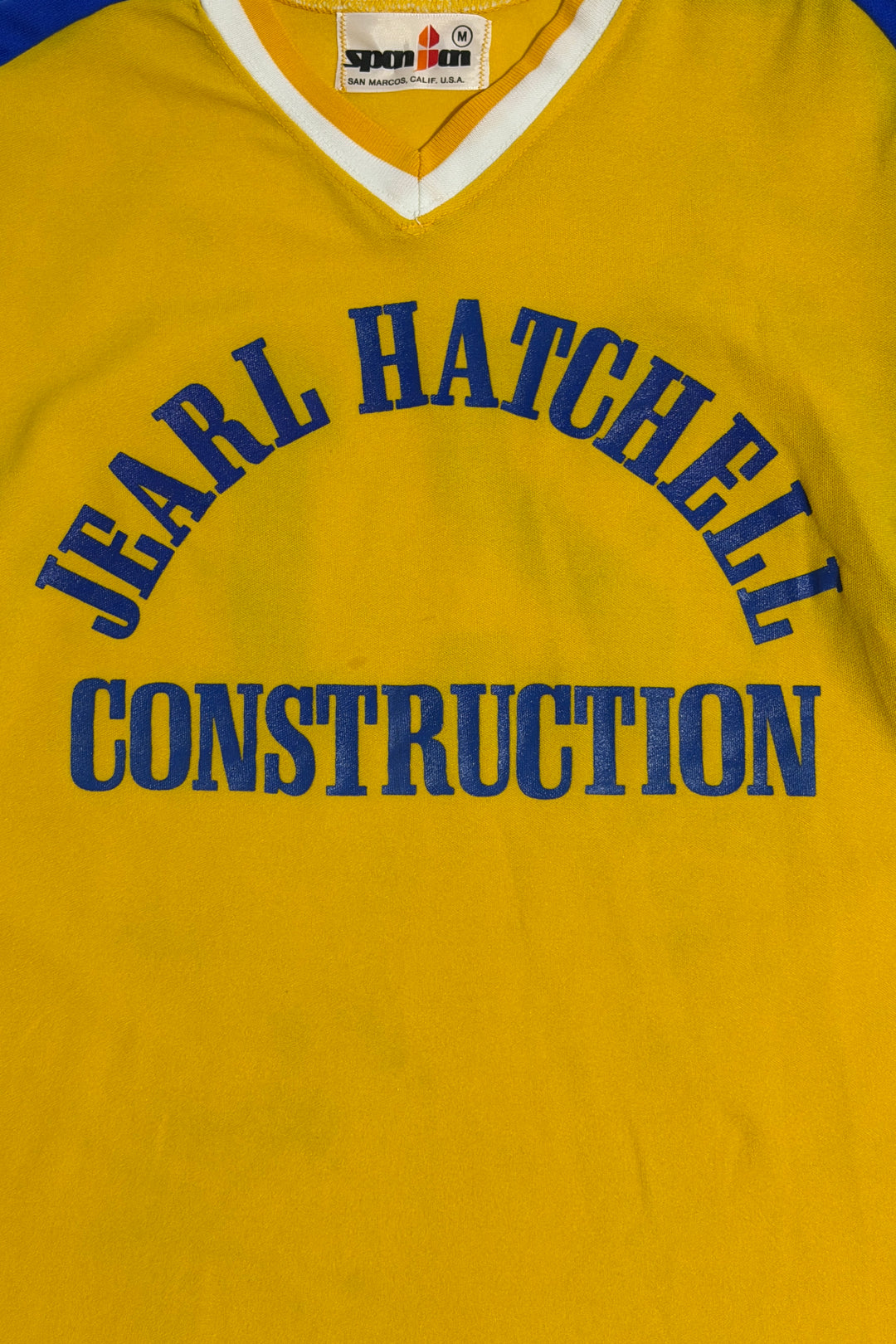 1970’S JEARL HATCHELL CONSTRUCTION CO MADE IN USA YELLOW CONTRAST BASEBALL JERSEY S/S T-SHIRT MEDIUM