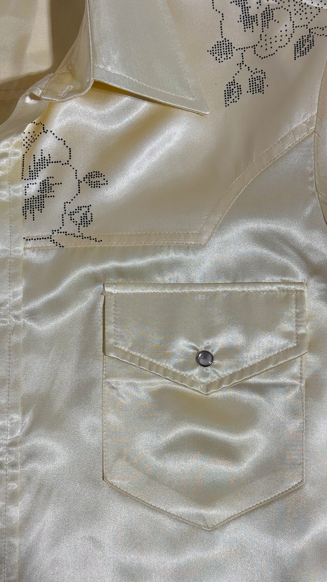 1970’S FLAMINGO MADE IN USA CROPPED SATIN FLORAL PRINT WESTERN PEARL SNAP JACKET LARGE