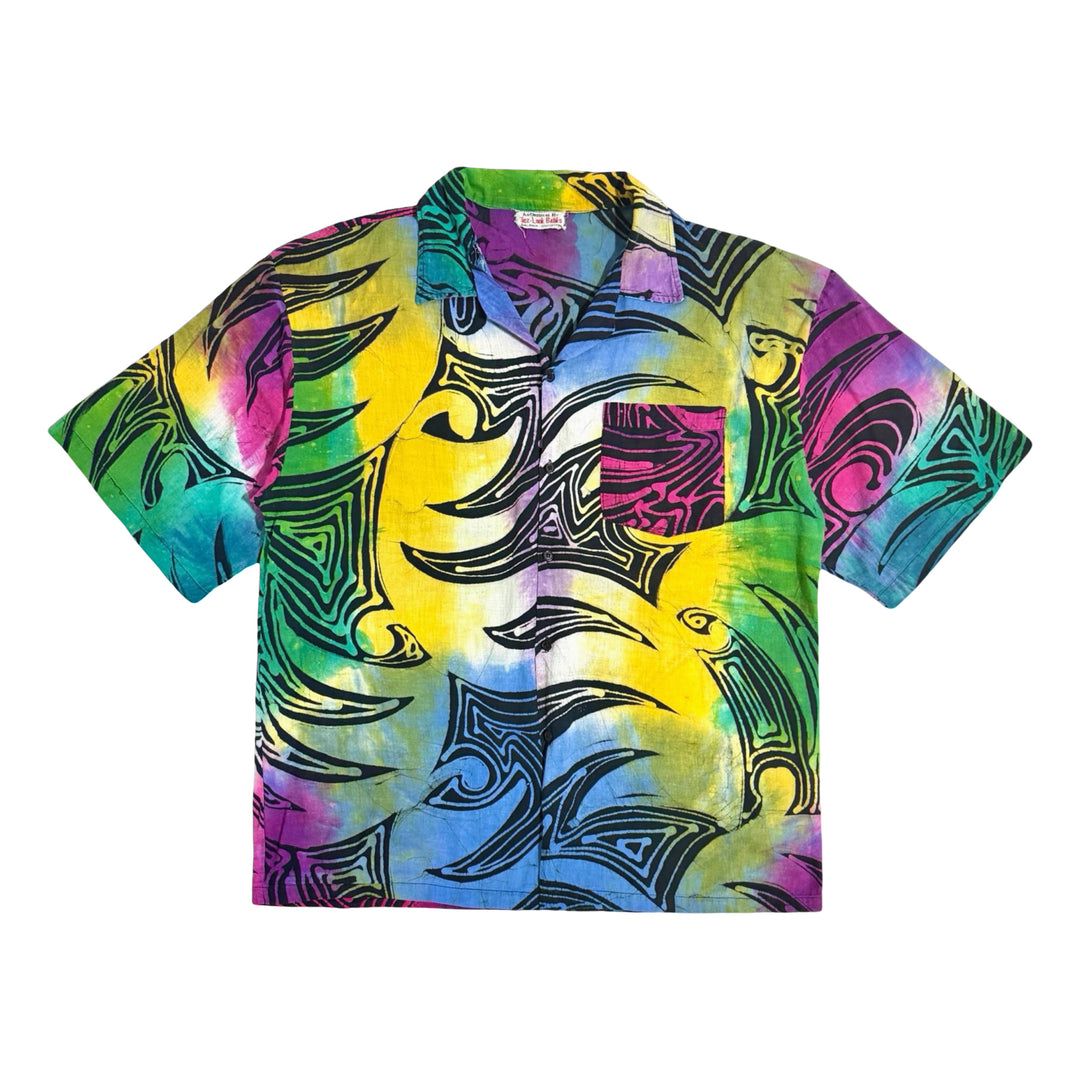 1980’S JEZ LOOK BATIKS TIE DYE GEOMETRIC PRINT CAMP COLLAR S/S B.D. SHIRT X-LARGE