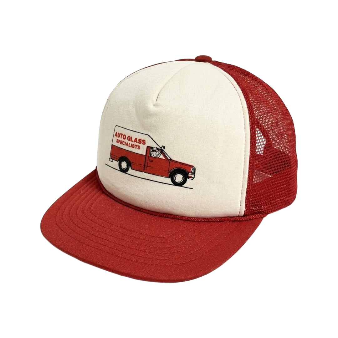 1980’S TRUCK AUTO GLASS WHITE FOAM & RED MESH TRUCKER HAT