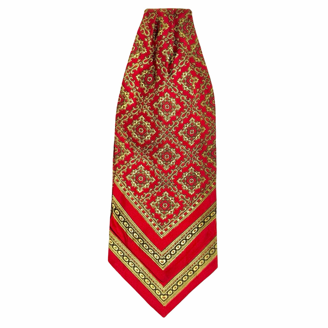 1960’S CHRISTIAN DIOR MADE IN FRANCE 100% SILK ASCOT CRAVAT TIE RED GOLD FOULARD PAISLEY NECK SCARF UNISEX
