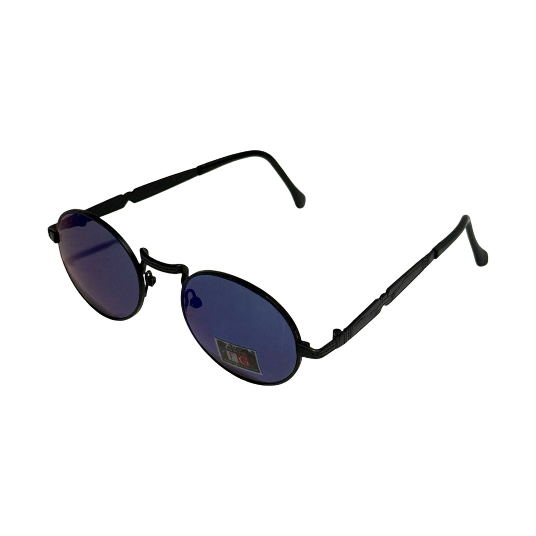 1990’S DEADSTOCK RIMLESS CIRCULAR BLACK WIRE FRAME PURPLE/BLUE LENSE SUNGLASSES