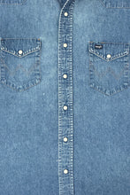 Load image into Gallery viewer, 1990’S WRANGLER MADE IN USA DENIM WESTERN PEARL SNAP L/S B.D. SHIRT X-LARGE
