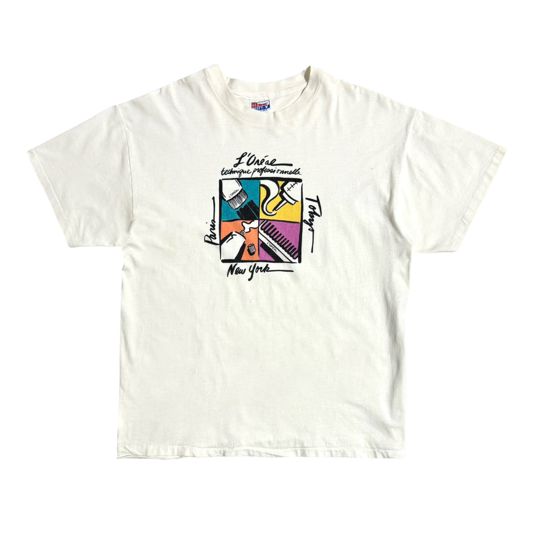 1990’S L’ORÉAL MADE IN USA THRASHED PRINTED SINGLE STITCH JERSEY S/S T-SHIRT X-LARGE