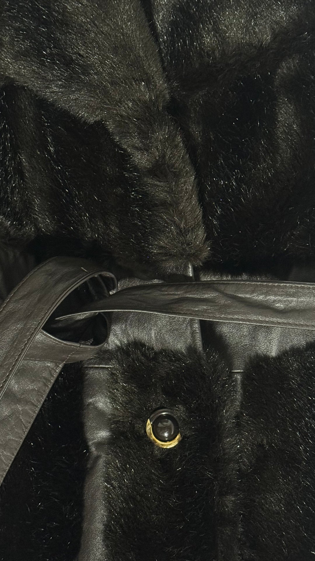 1970’S JET SET OF CALIFORNIA TISSAVEL BLACK FAUX FUR &amp; LEATHER BELTED COAT EXTRA SMALL/SMALL