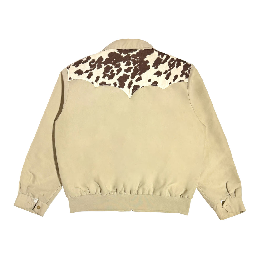 1970’S MASK X H BAR C MADE IN USA CROPPED REMOVABLE LEOPARD PRINT DYED SHEARLING COLLAR NORMANDE COW PRINT YOKE WESTERN BOMBER JACKET X-LARGE