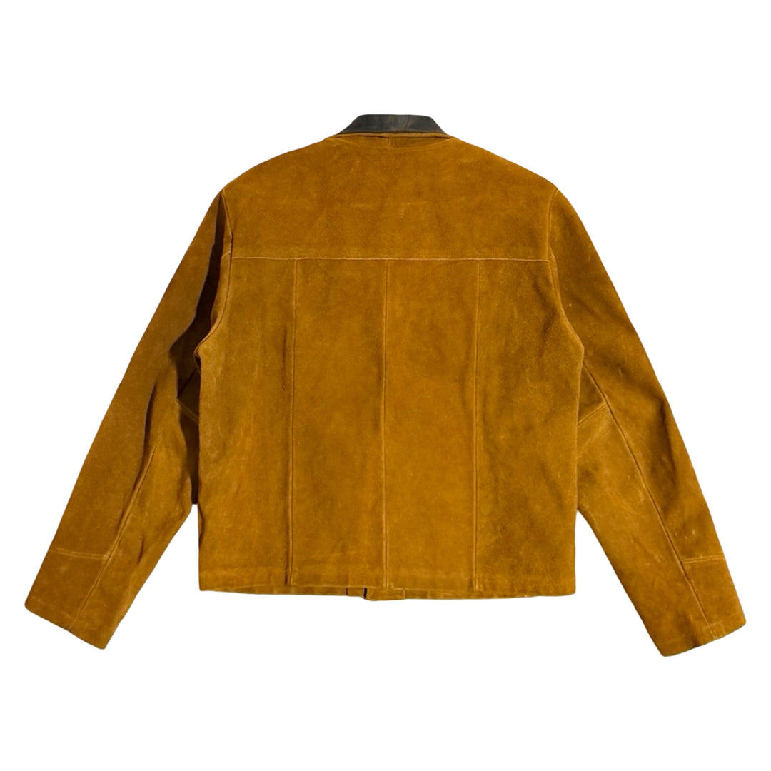 1950’S TREGO’S WESTWEAR MADE IN USA CROPPED BLACK LAMB COLLAR COGNAC SUEDE WESTERN TRUCKER JACKET LARGE