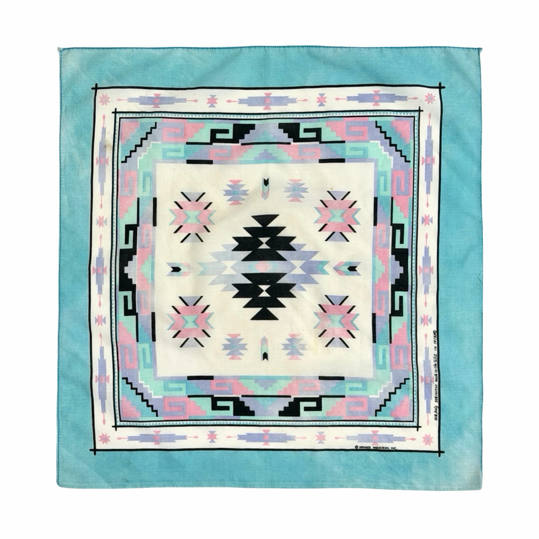 1980’S SPRING MADE IN USA SELVEDGE VINTAGE TURQUOISE SOUTHWESTERN AZTEC PRINT BANDANA