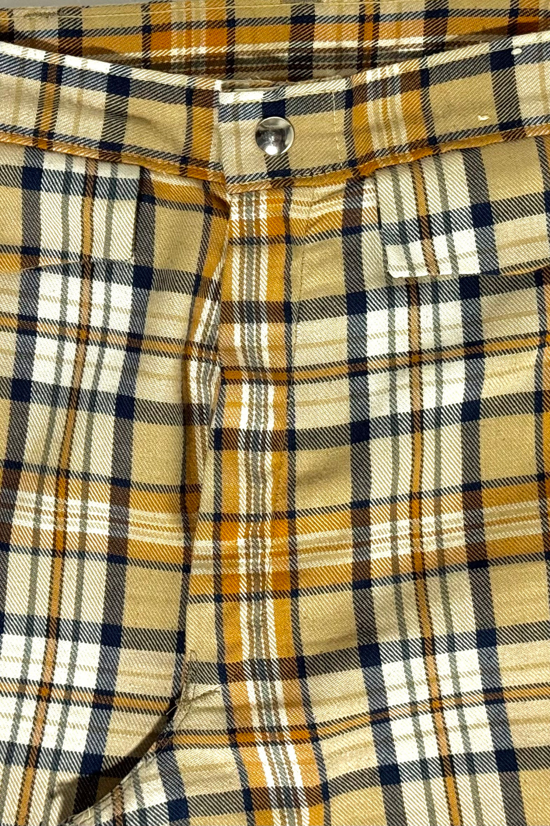 1970’S TAN OCHRE CHECK PLAID MADE IN USA FLARE HIGH WAISTED BELL BOTTOM PANTS 30 X 30
