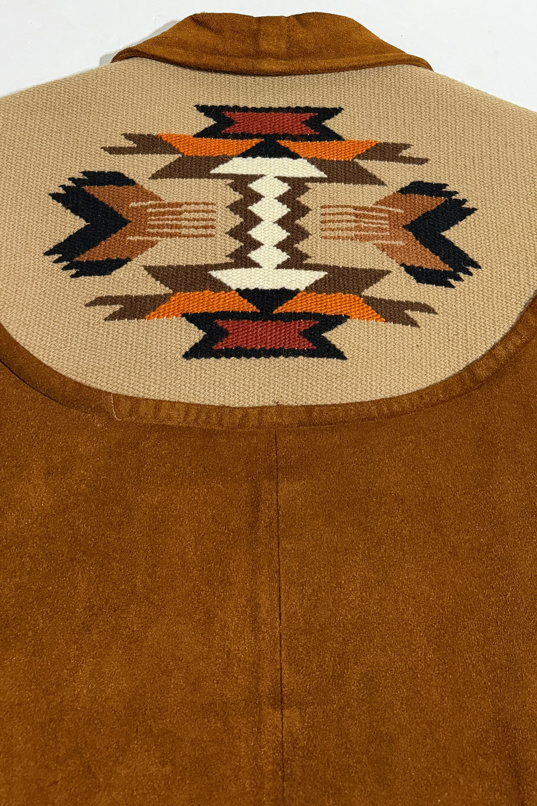 1980’S PIONEER WEAR MADE IN USA CROPPED  COGNAC SUEDE CHIMAYO WEAVING WOOL BLANKET DETAILED BOMBER JACKET LARGE