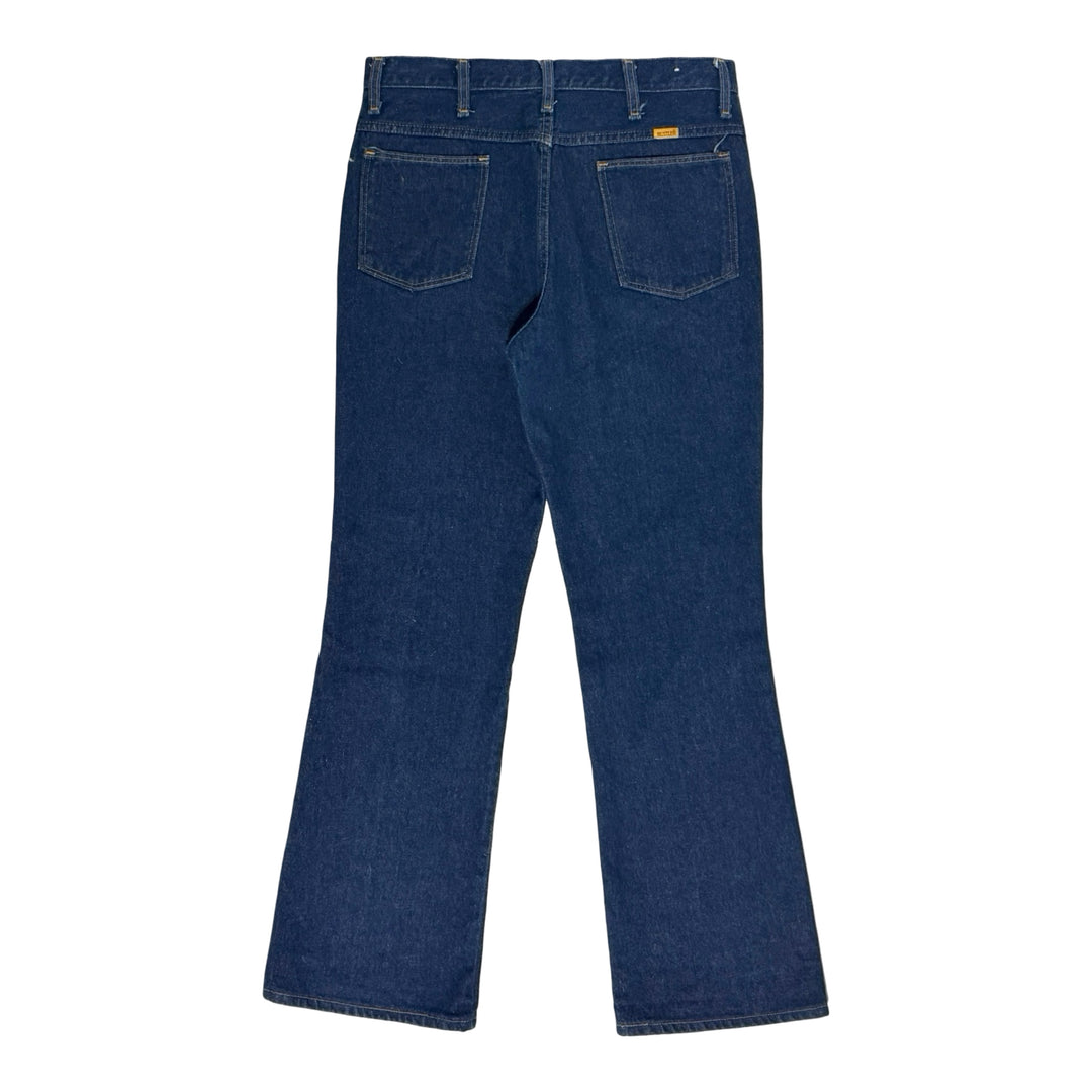 1970’S RUSTLER YELLOW LABEL MADE IN USA DARK RAW DENIM WESTERN BOOTCUT JEANS 36 X 32
