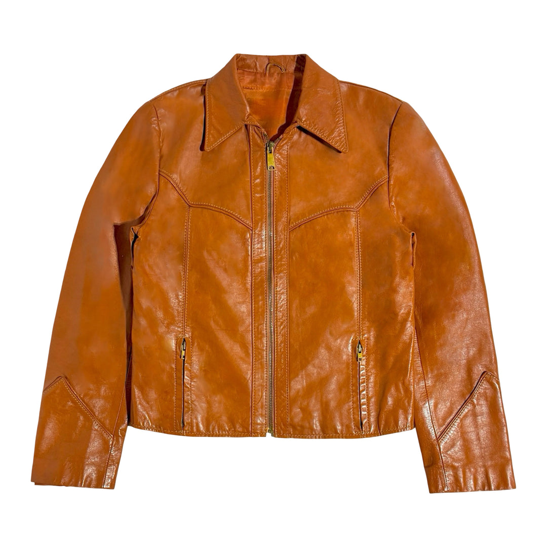 1970’S COWHIDE MADE IN USA CROPPED RUST WESTERN LEATHER JACKET MEDIUM