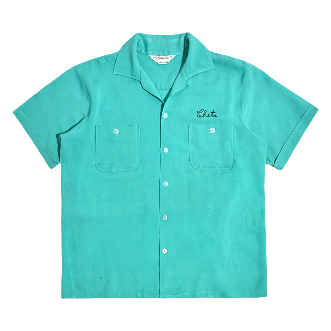 1950’S CALIFORNIA BY ANGELTOWN MADE IN USA “SOUTHWEST BOWL” CROPPED CHAINSTITCHED SELVEDGE LOOP COLLAR S/S B.D. BOWLING SHIRT LARGE