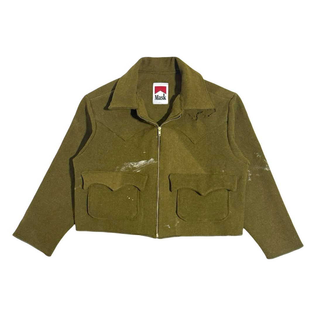 MASK HAND MADE IN SANTA FE THRASHED & FADED WW2 OLIVE DRAB WOOL BLANKED CROPPED WESTERN JACKET LARGE