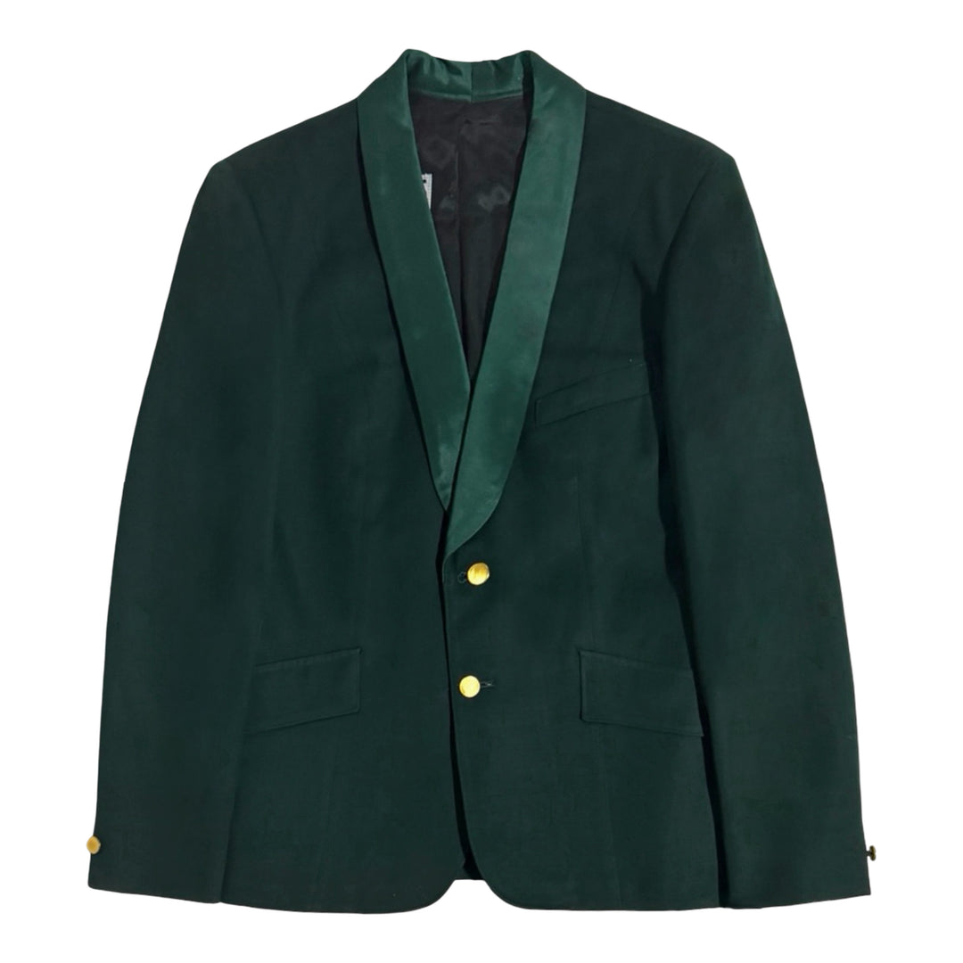 1940’S OSTWALD UNIFORMS NEW YORK UNION MADE IN USA DARK GREEN SATIN SHAWL COLLAR WHIPCORD WOOL TWILL TUXEDO JACKET MEDIUM