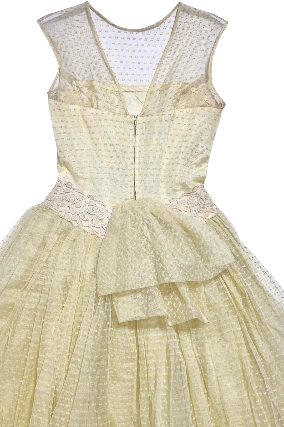 1950’S POINT D’ESPRIT HAND MADE IN USA PASTEL YELLOW TULLE COCKTAIL PARTY DRESS SMALL