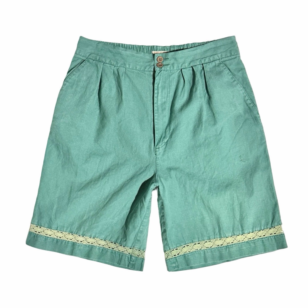 1980’S JORDACHE FADED RAMIE COTTON BLEND LACE DETAIL 9” SHORTS 30