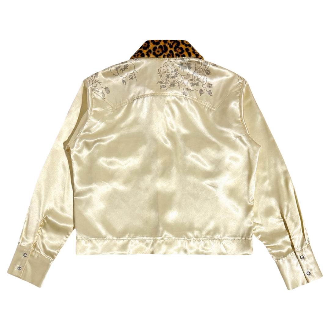 1970’S MASK X FLAMINGO MADE IN USA CROPPED ITALIAN LEOPARD PRINT LEATHER COLLAR SATIN FLORAL PRINT WESTERN PEARL SNAP JACKET LARGE
