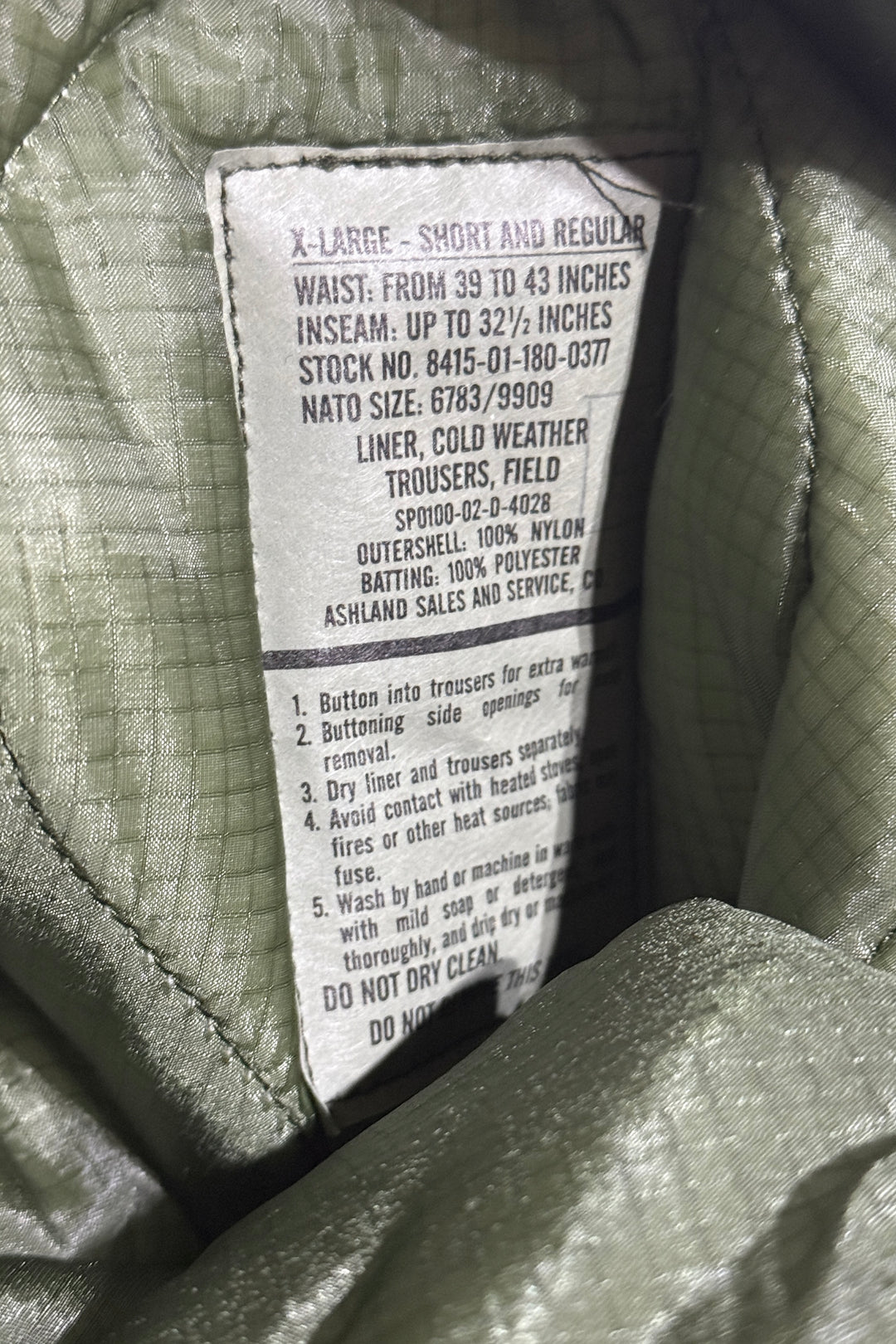 2000’S DEADSTOCK US ARMY MADE IN USA OLIVE QUILTED LINER PANTS X-LARGE