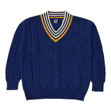 Load image into Gallery viewer, 1990’S GAP MADE IN UNITED KINGDOM BLUE CONTRAST CABLE KNIT V-NECK SWEATER LARGE
