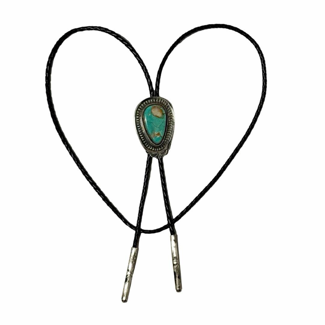 1980’S HERBERT RATION ( NAVAJO, 1959-PRESENT) .925 STERLING SILVER &amp; ROYSTON TURQUOISE CABOCHON BRAIDED LEATHER BOLO TIE