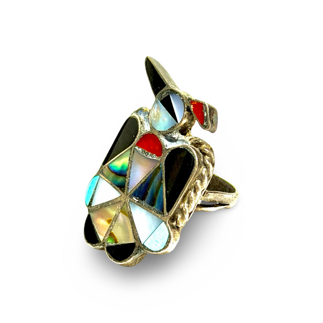 1960’S ZUNI PEYOTE BIRD .925 STERLING SILVER ONYX MOP CORAL TURQUOISE RING SIZE 6