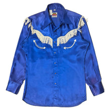 Load image into Gallery viewer, 1980’S MILLER WESTERNWEAR MADE IN USA SATIN FRINGE WESTERN PEARL SNAP L/S B.D. SHIRT LARGE
