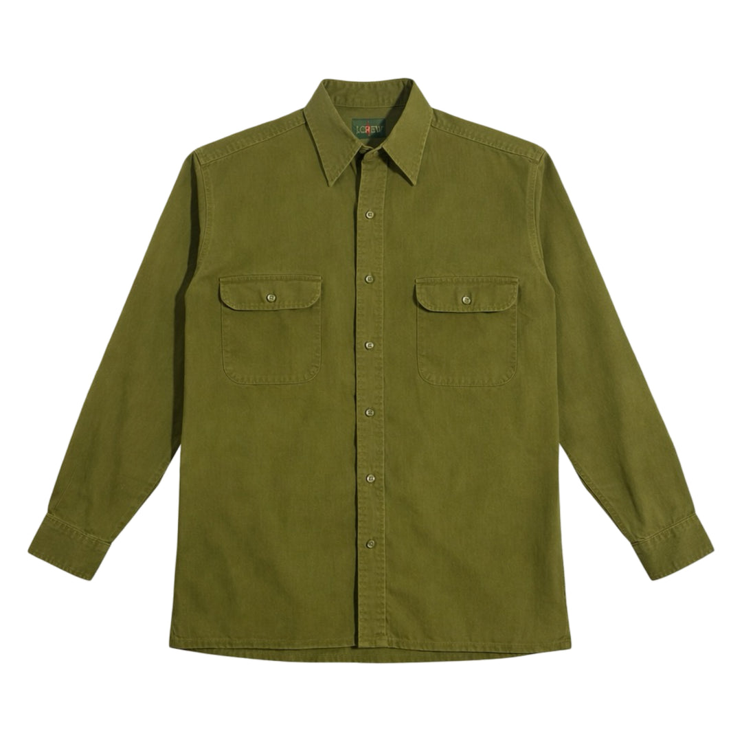 1990’S J. CREW OARMAN OLIVE DRAB TWO POCKET POPLIN L/S B.D. SHIRT MEDIUM