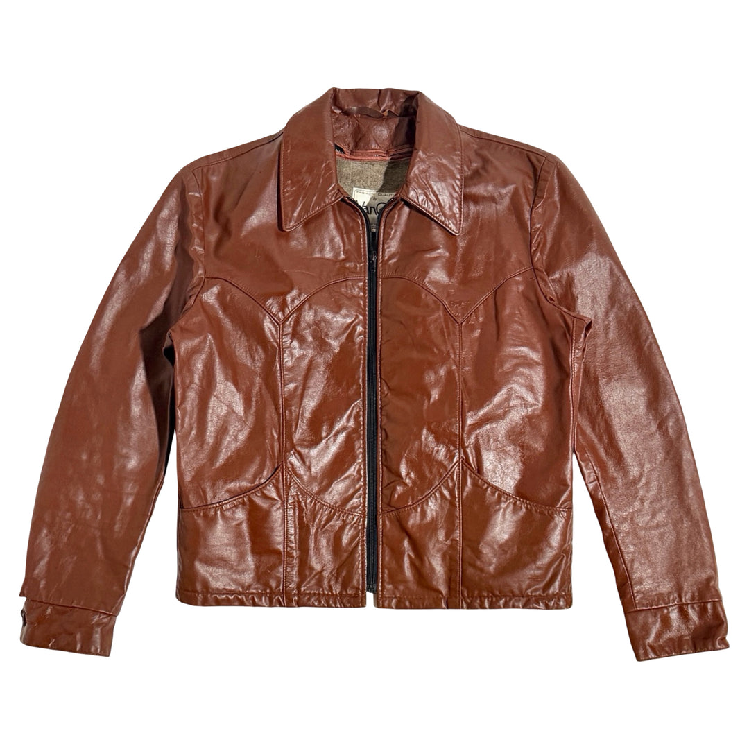 1960’S VAN CORT MADE IN USA CROPPED BOURBON LEATHER WESTERN REMOVABLE SHERPA LINED JACKET LARGE