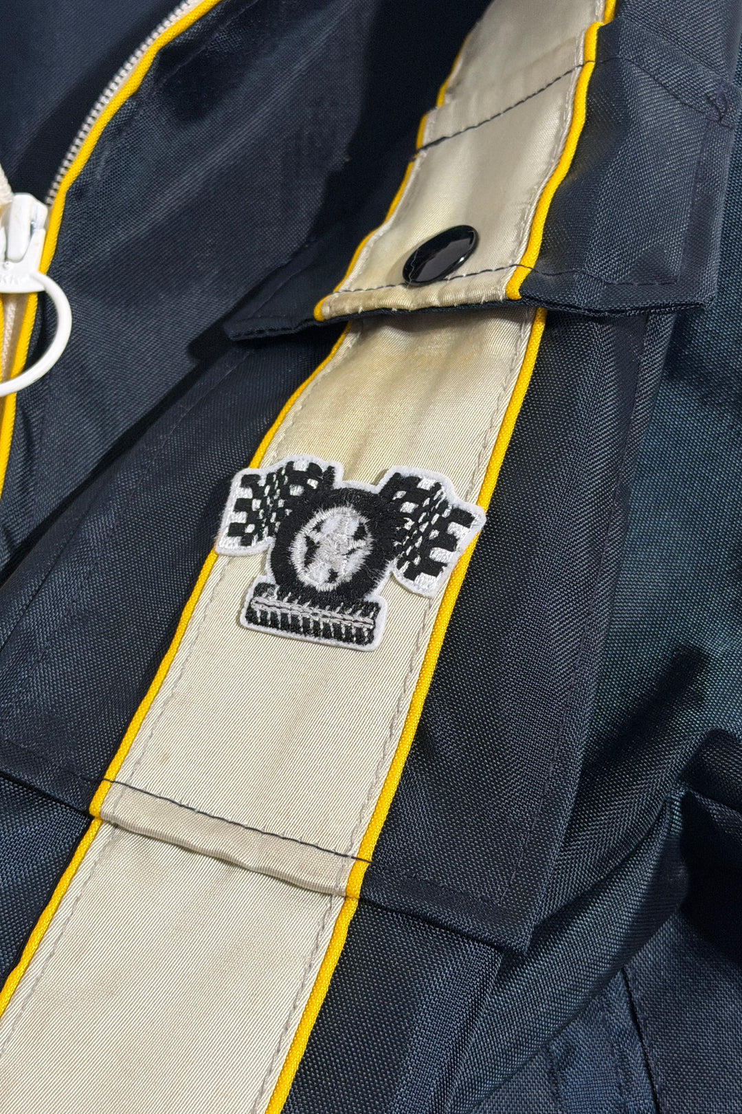 1970’S THE JACKET FACTORY MADE IN USA CROPPED CONTRAST STRIPED SATIN NAVY “GOODYEAR TIRES” RACING JACKET LARGE