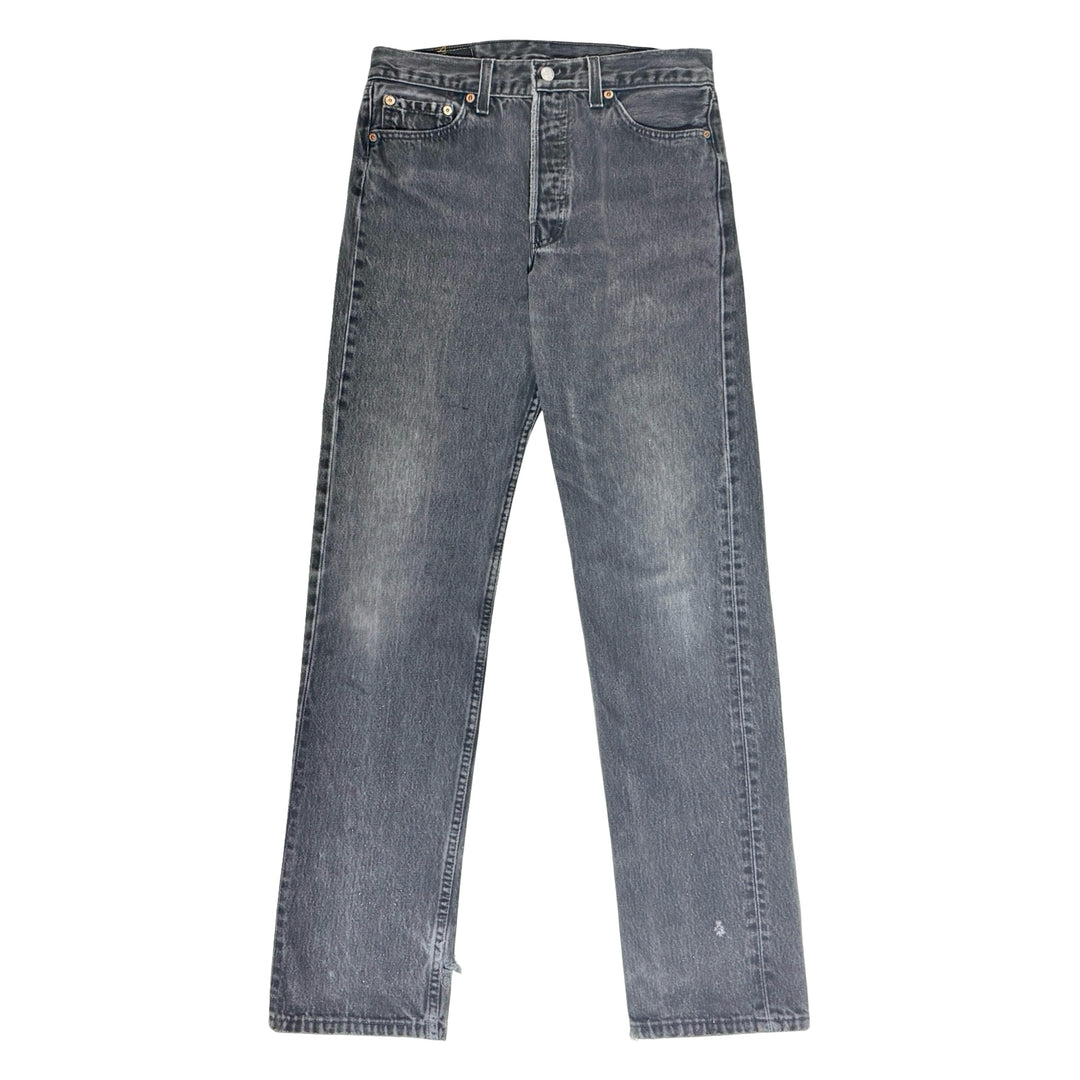 1990’S LEVI’S 501 MADE IN USA FADED & THRASHED BLACK DENIM JEANS 26 X 32