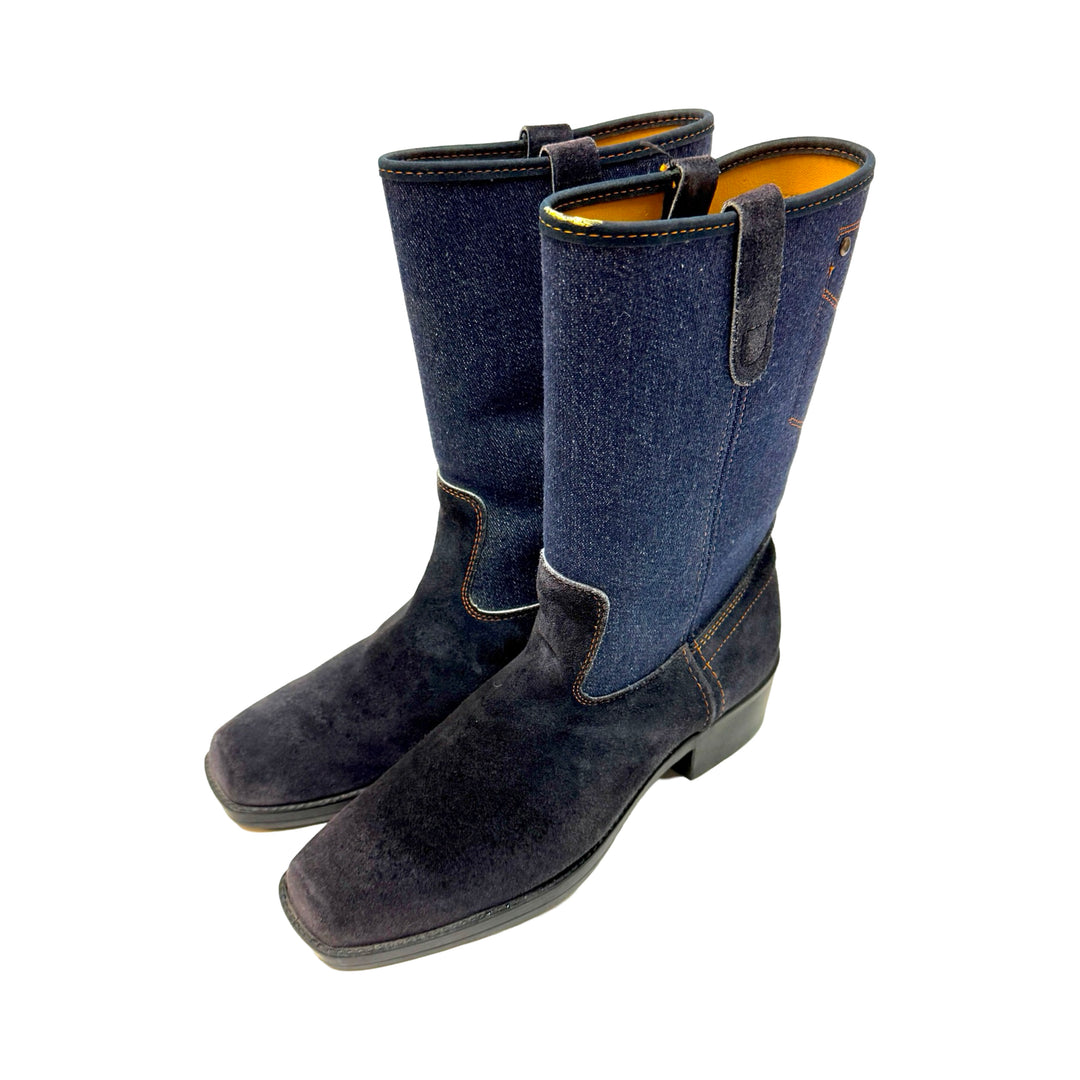 1970’S ACME MADE IN USA SUEDE AND DENIM JEANS SQUARE TOE COWBOY BOOT 10.5