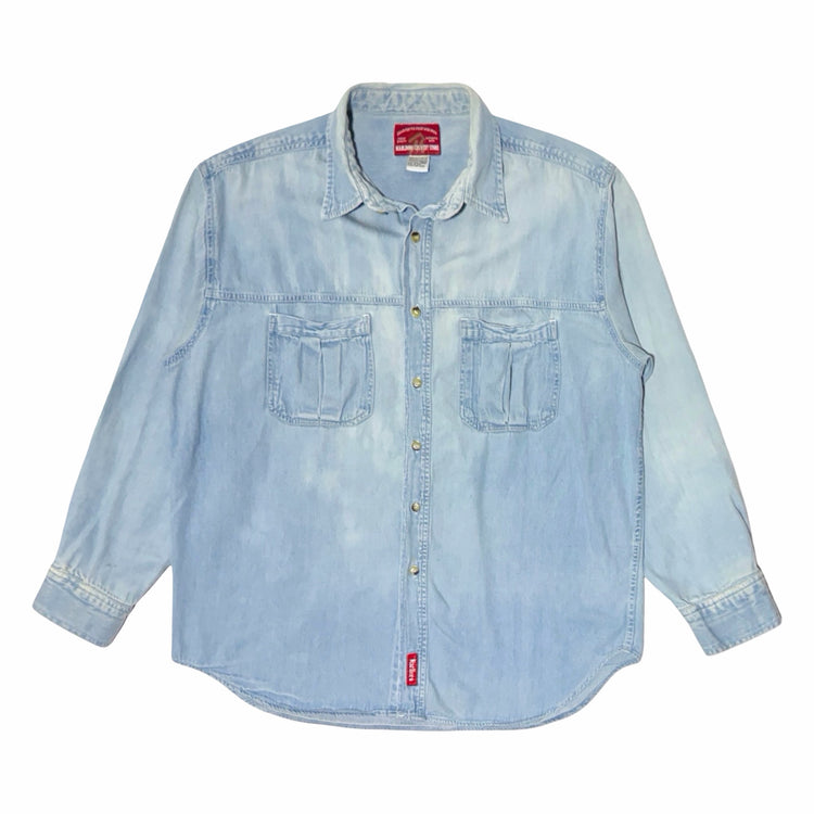 1990's Marlboro Country Store faded light blue denim shirt front