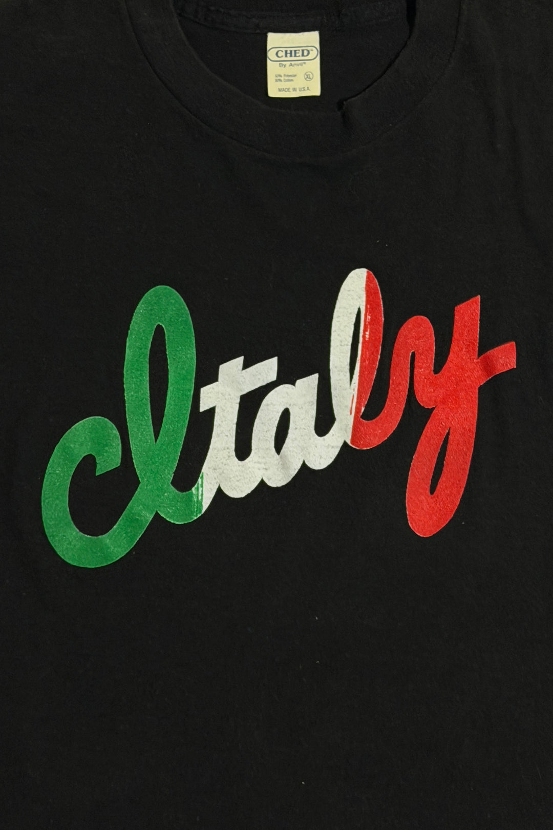 1970’S PROUD ITALIAN MADE IN USA ITALY FLAG PRINT SINGLE STITCH FADED BLACK S/S T-SHIRT LARGE