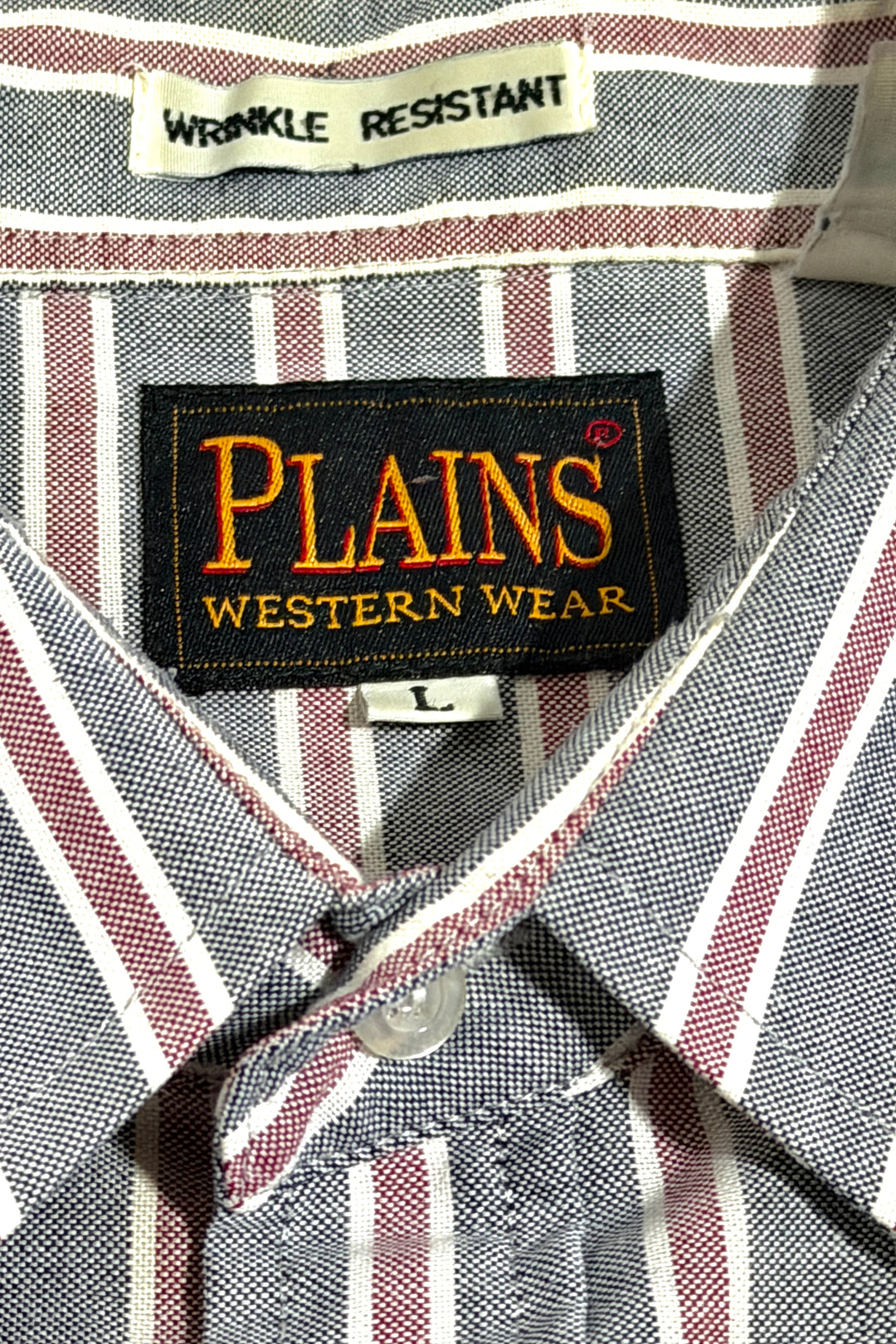 1990’S PLAINS WESTERN WEAR STRIPED OXFORD CLOTH PEARL SNAP L/S B.D. SHIRT LARGE