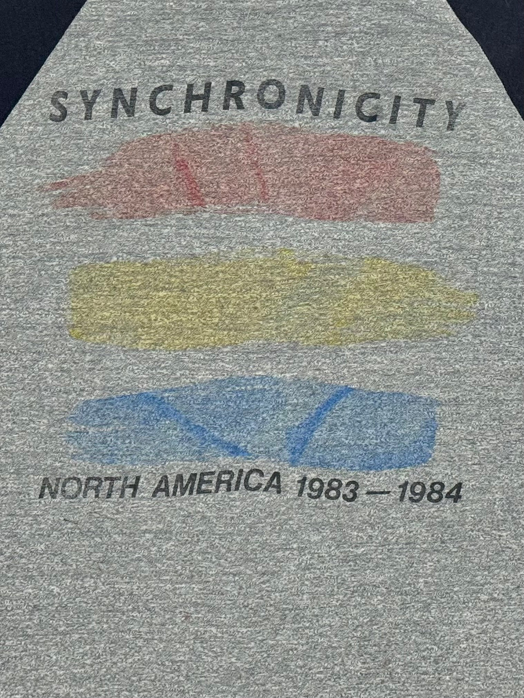 1980’S The Police Synchronicity 1983-1984 NORTH AMERICAN Tour MADE IN USA FADED BLACK &amp; GRAY Raglan 3/4 SLEEVE Baseball T-SHIRT X-LARGE⁠