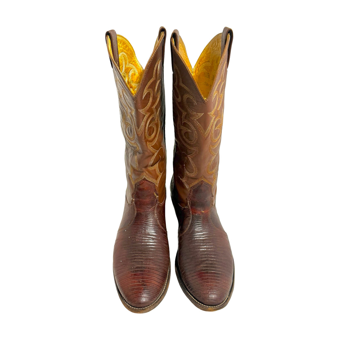 1990’S NACONA BOOTS MADE IN USA BROWN LIZARD 🦎 LEATHER EMBROIDERED ROUND TOE COWBOY BOOTS 10
