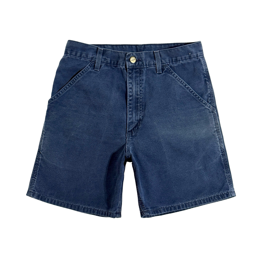 1990’S CARHARTT MADE IN USA FADED BLUE DUCK CANVAS 5” CARPENTER SHORTS 28
