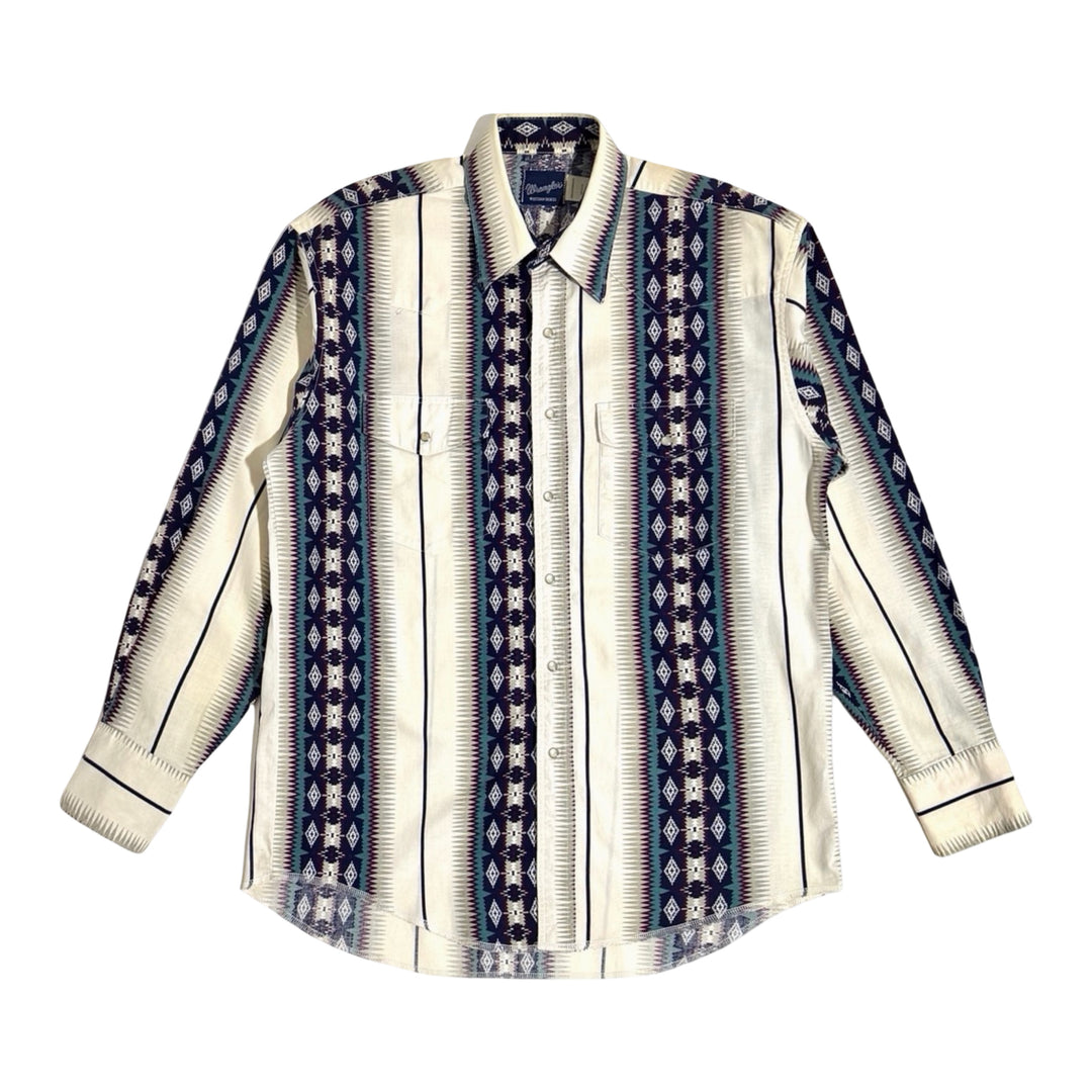 1990’S WRANGLER AZTEC PATTERN STRIPED WESTERN PEARL SNAP L/S B.D. SHIRT LARGE