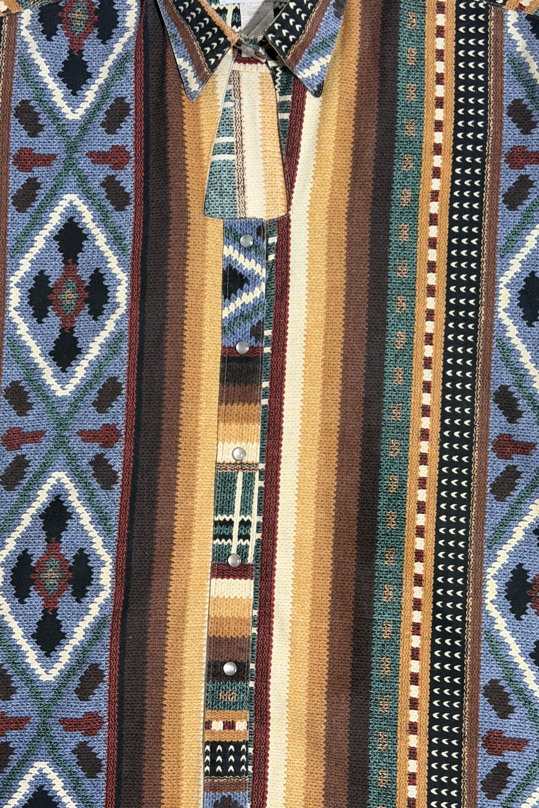 1980’S ROCKMOUNT RANCHWEAR MADE IN USA KEYHOLE CUTOUT TAPESTRY PRINT WESTERN PEARL SNAP L/S. B.D. SHIRT X-LARGE